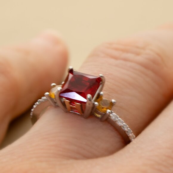Vintage 925 Silver Ring with Red & Yellow CZ Stones, CZ Pave, Sz 7 Cocktail Ring - Picture 8 of 11